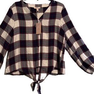 WomensShirt  Sz Small Button Up Boho Como Vintage Plaid Blouse Relaxed Fit NWT